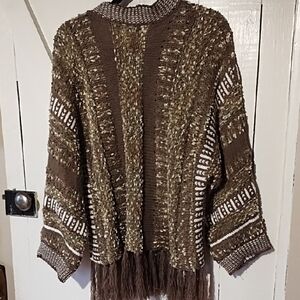 A.n.a. Brown and Cream Women's Shaggy Sweater VGC, Fringed, Large.